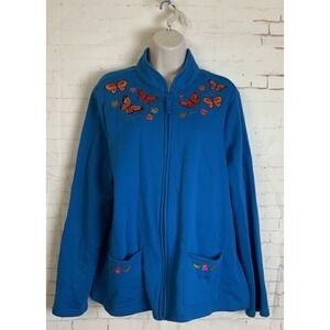 Breckenridge Womens Blue Butterfly Print Collared Full Zip Sweatshirt Size XL